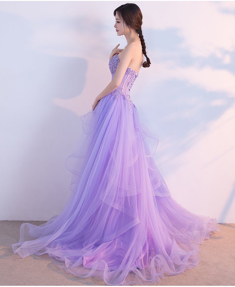 Light Purple Layers Tulle Lace Applique Long Formal Dress