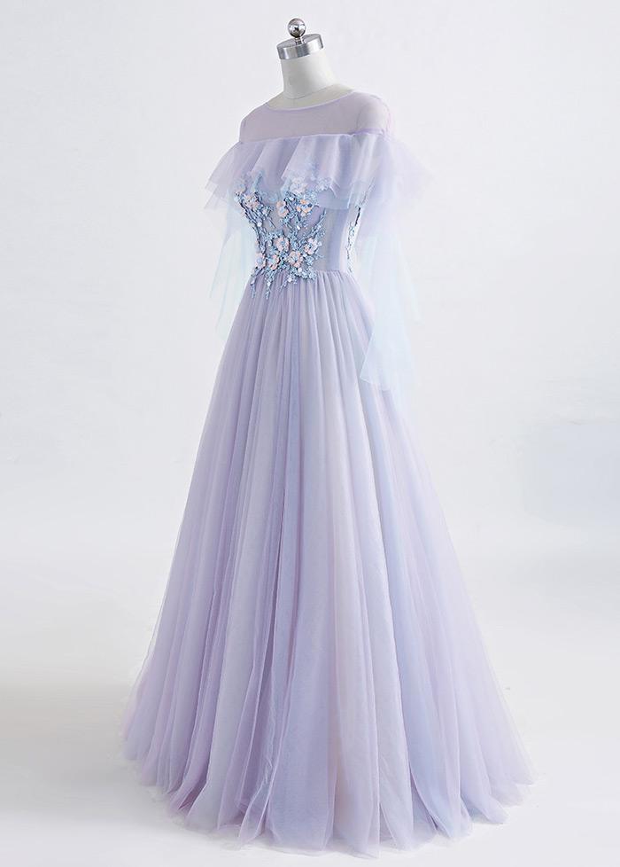 Beautiful Lavender Off Shoulder Flower Lace Long Party Dress
