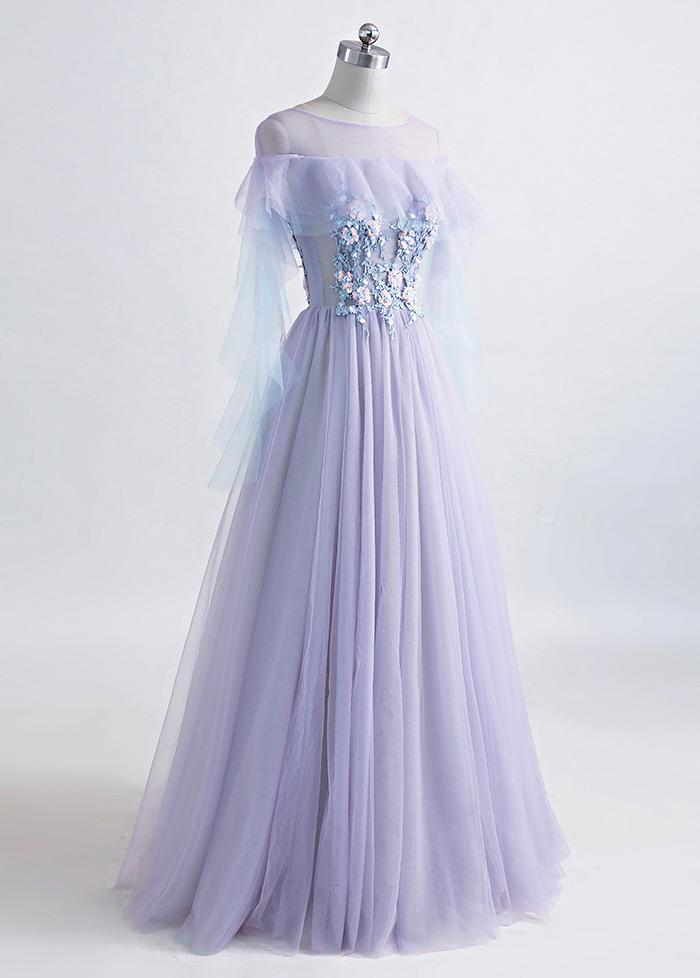 Beautiful Lavender Off Shoulder Flower Lace Long Party Dress
