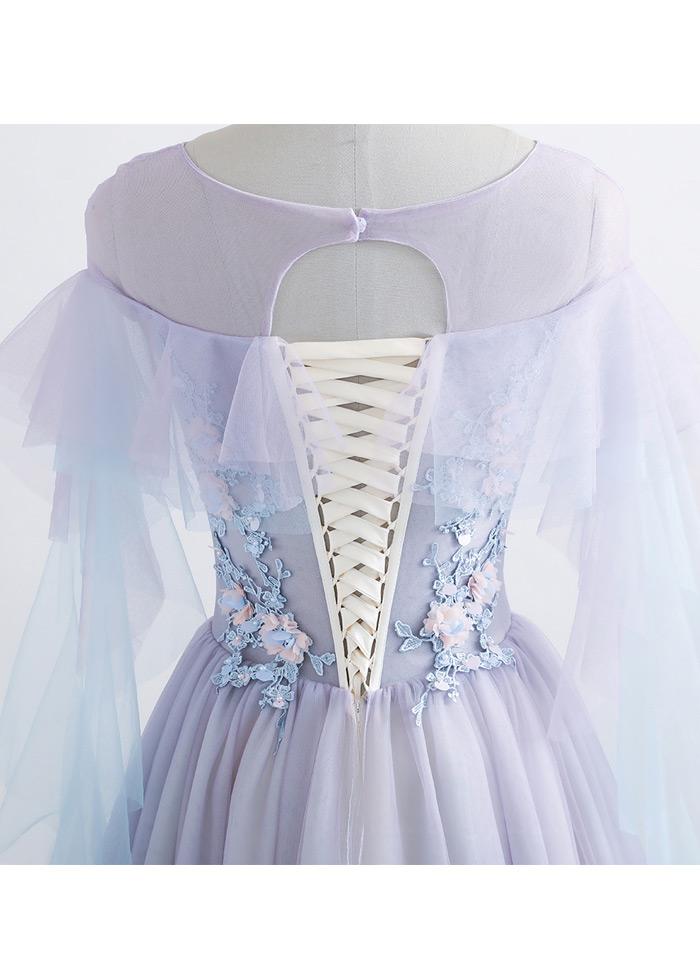 Beautiful Lavender Off Shoulder Flower Lace Long Party Dress