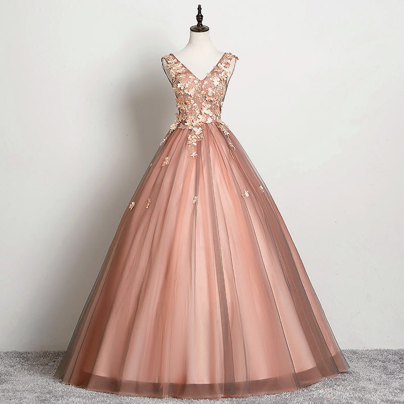 Hermoso vestido de fiesta de tul con escote en V en color rosa para dulces 16 