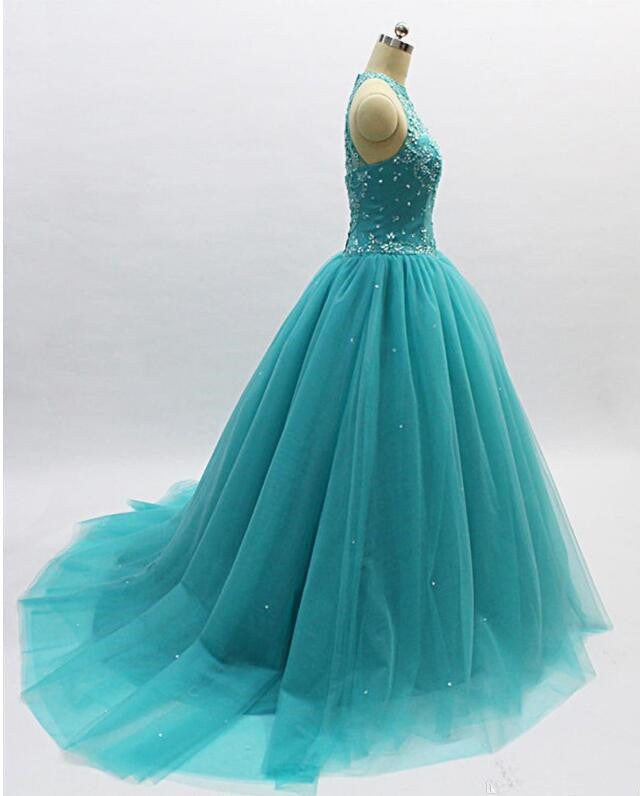 Vestido de fiesta de tul azul verdoso con cuentas y escote alto para quinceañeras 