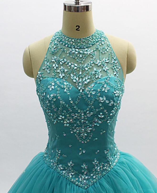 Vestido de fiesta de tul azul verdoso con cuentas y escote alto para quinceañeras 