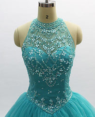 Vestido de fiesta de tul azul verdoso con cuentas y escote alto para quinceañeras 