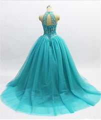 Vestido de fiesta de tul azul verdoso con cuentas y escote alto para quinceañeras 