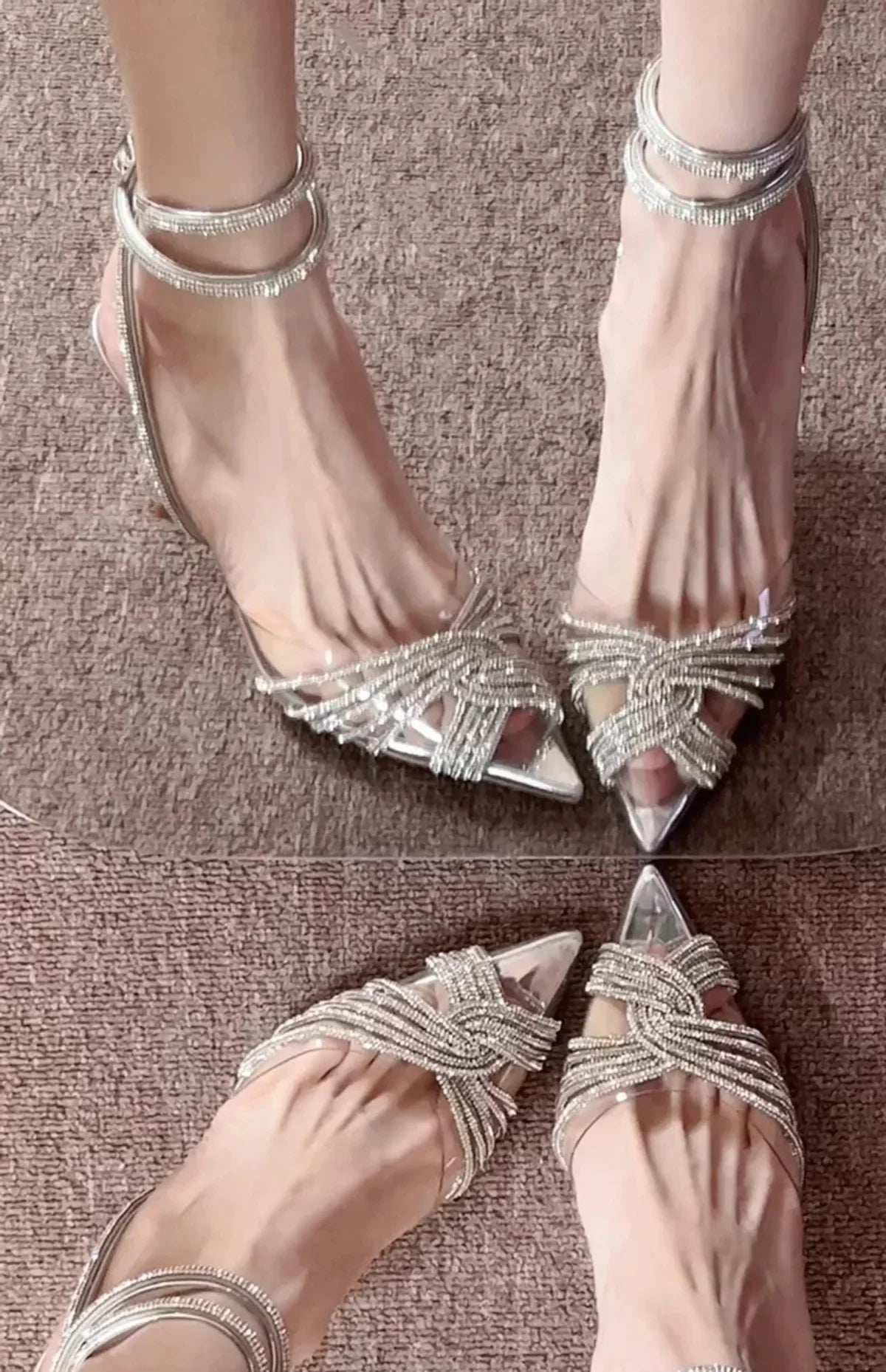 Transparent Cross Rhinestone Pointy High Heels Baotou Fairy Style Skinny Roman Sandals Women