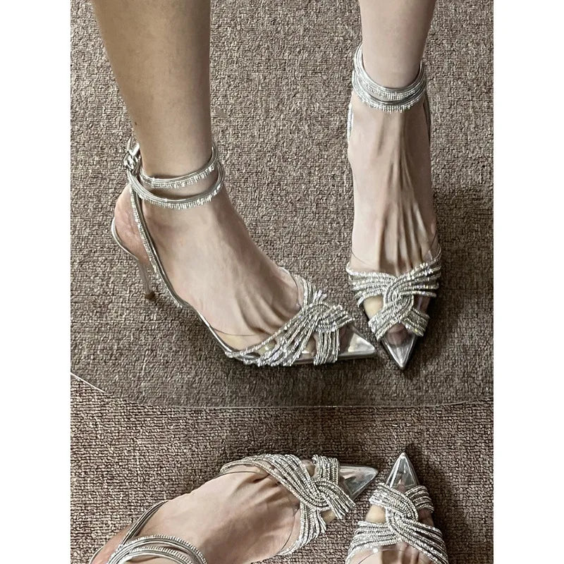 Transparent Cross Rhinestone Pointy High Heels Baotou Fairy Style Skinny Roman Sandals Women