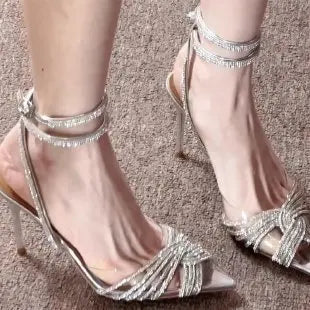 Transparent Cross Rhinestone Pointy High Heels Baotou Fairy Style Skinny Roman Sandals Women