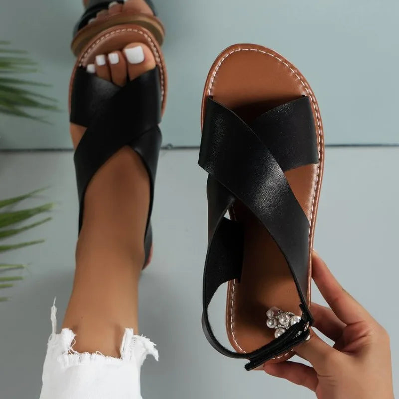 Trend Sandals Buckle Strap Flat Shoes Woman Beach Shoes Solid Back Strap Peep Toe Sandals Plus Size 43