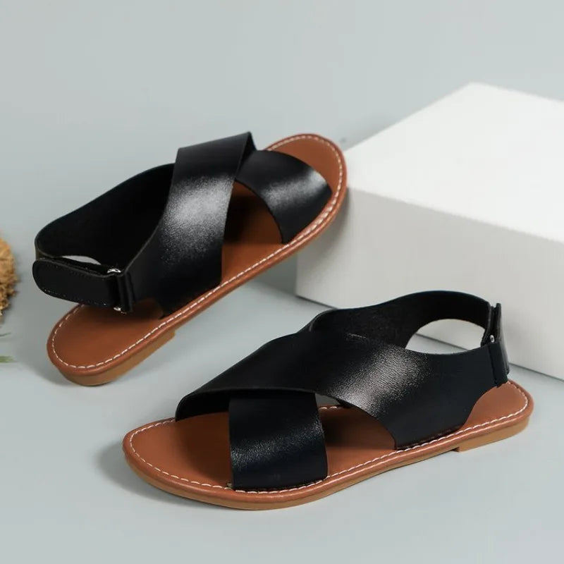 Trend Sandals Buckle Strap Flat Shoes Woman Beach Shoes Solid Back Strap Peep Toe Sandals Plus Size 43