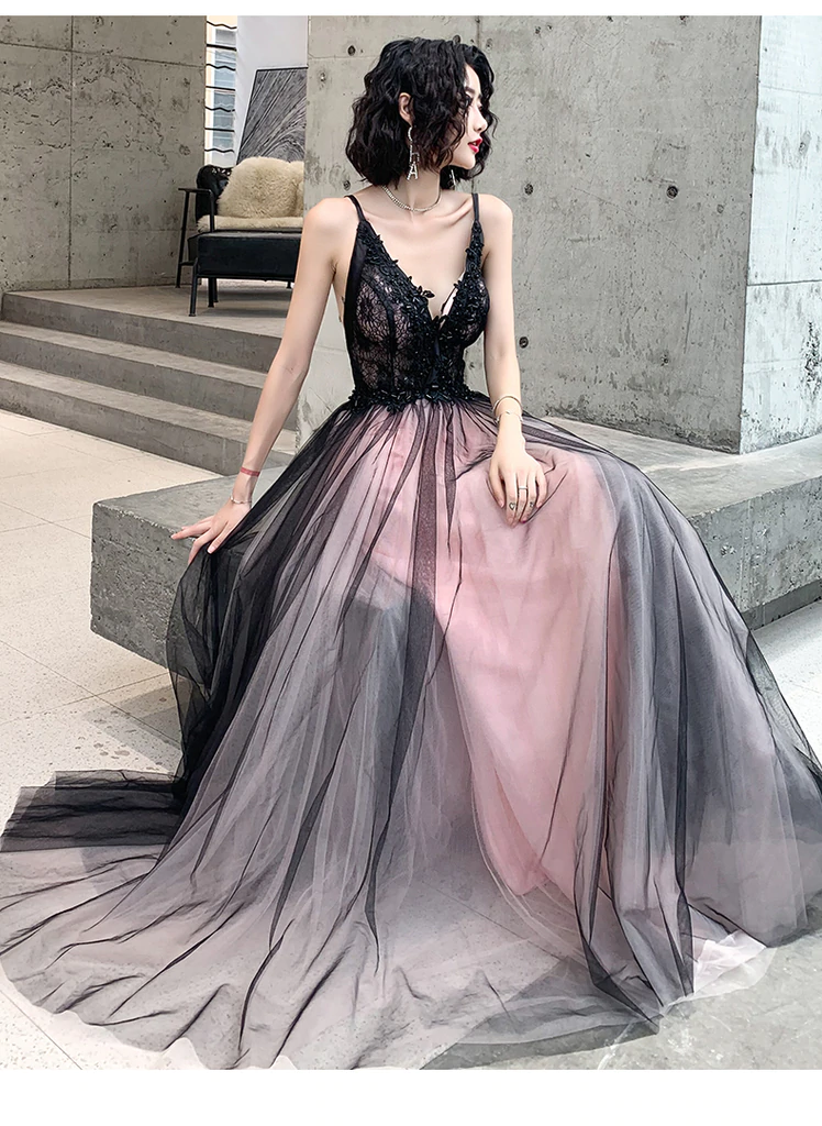 Vestidos formales largos de tul con encaje elegantes en rosa y negro 