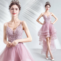 V-neckline Lace Applique Straps High Low Party Dress