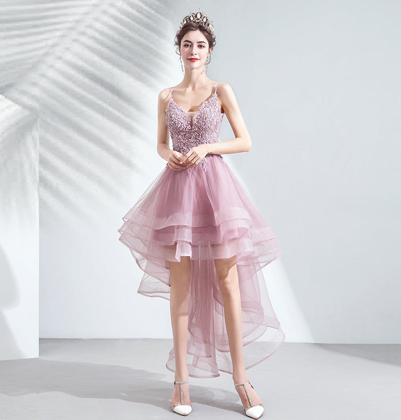 V-neckline Lace Applique Straps High Low Party Dress
