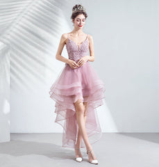 V-neckline Lace Applique Straps High Low Party Dress