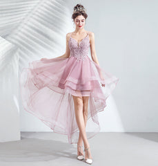 V-neckline Lace Applique Straps High Low Party Dress