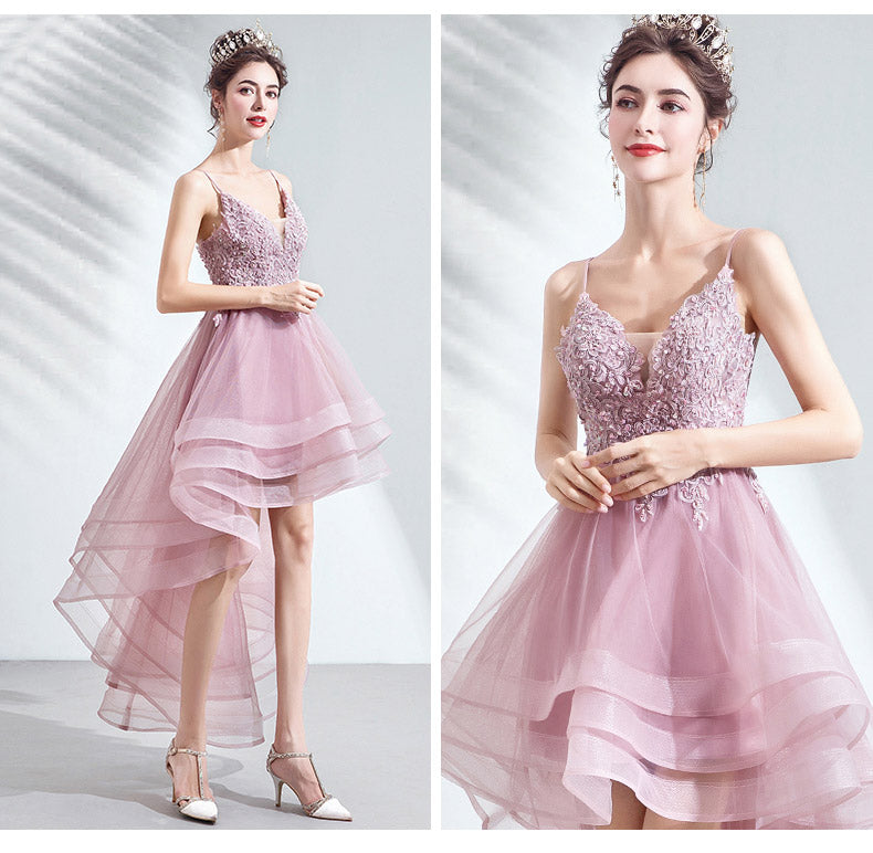 V-neckline Lace Applique Straps High Low Party Dress