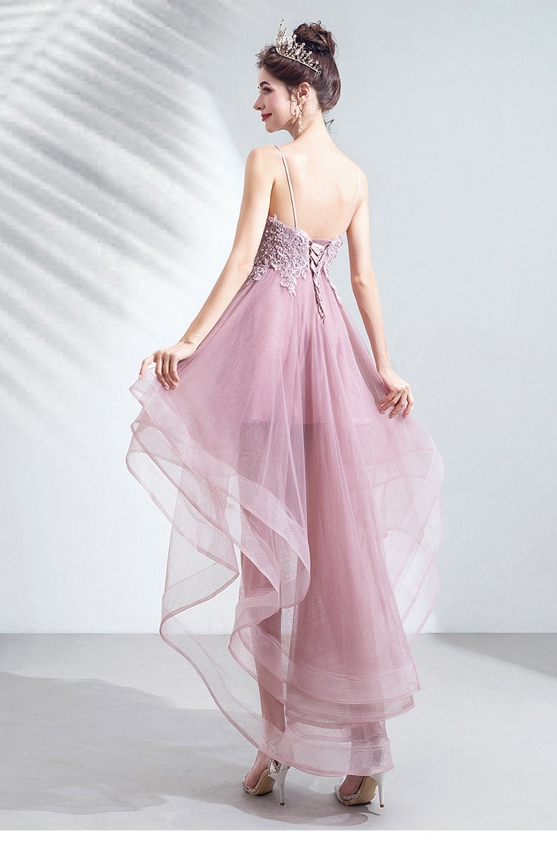 V-neckline Lace Applique Straps High Low Party Dress