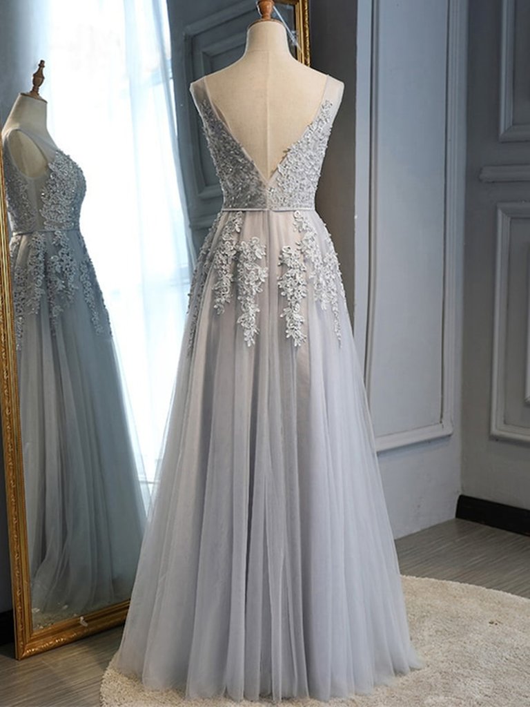 Vestidos de fiesta largos de tul gris con encaje 