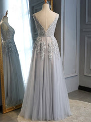 Vestidos de fiesta largos de tul gris con encaje 