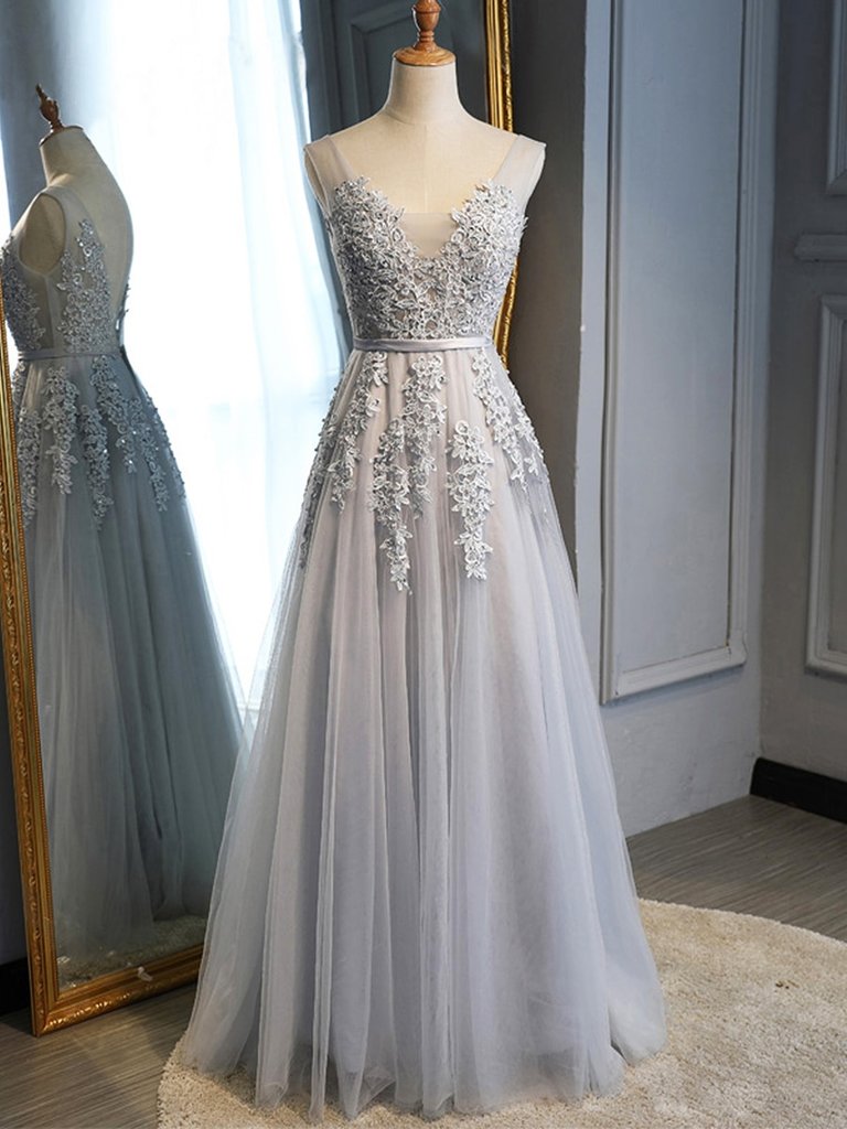 Vestidos de fiesta largos de tul gris con encaje 