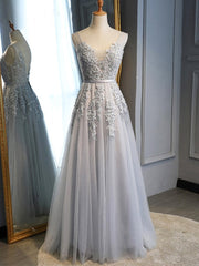 Vestidos de fiesta largos de tul gris con encaje 