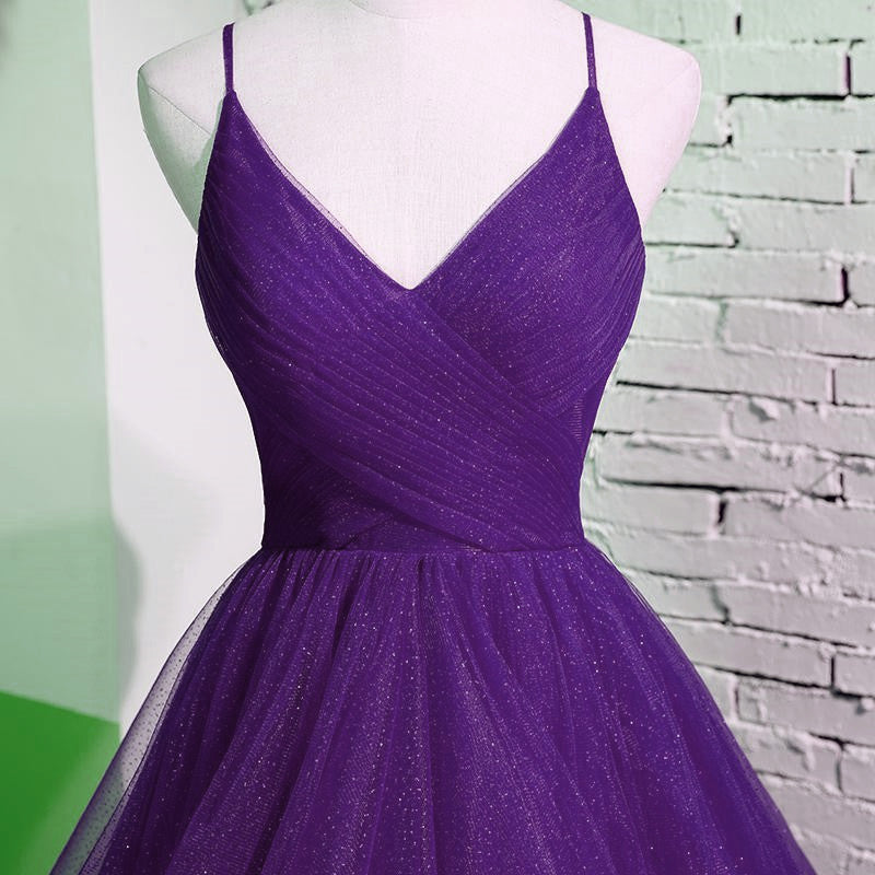 Beautiful Purple V-neckline Straps Layers Tulle Party Gown