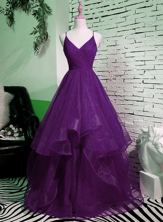 Beautiful Purple V-neckline Straps Layers Tulle Party Gown