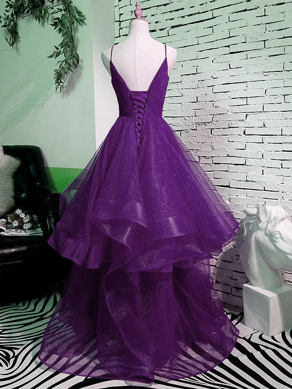 Beautiful Purple V-neckline Straps Layers Tulle Party Gown