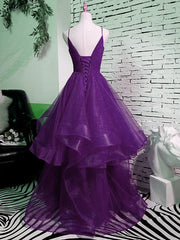 Beautiful Purple V-neckline Straps Layers Tulle Party Gown