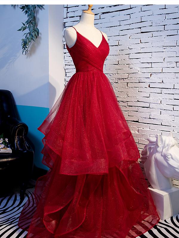 Charming Wine Red Straps Sweetehart Layers Tulle Prom Dress