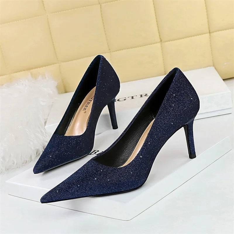 Versatile Style Bling Party Pumps Thin Super High Heel Shallow Mouth Pointed Toe Corduroy Wedding Single Shoes