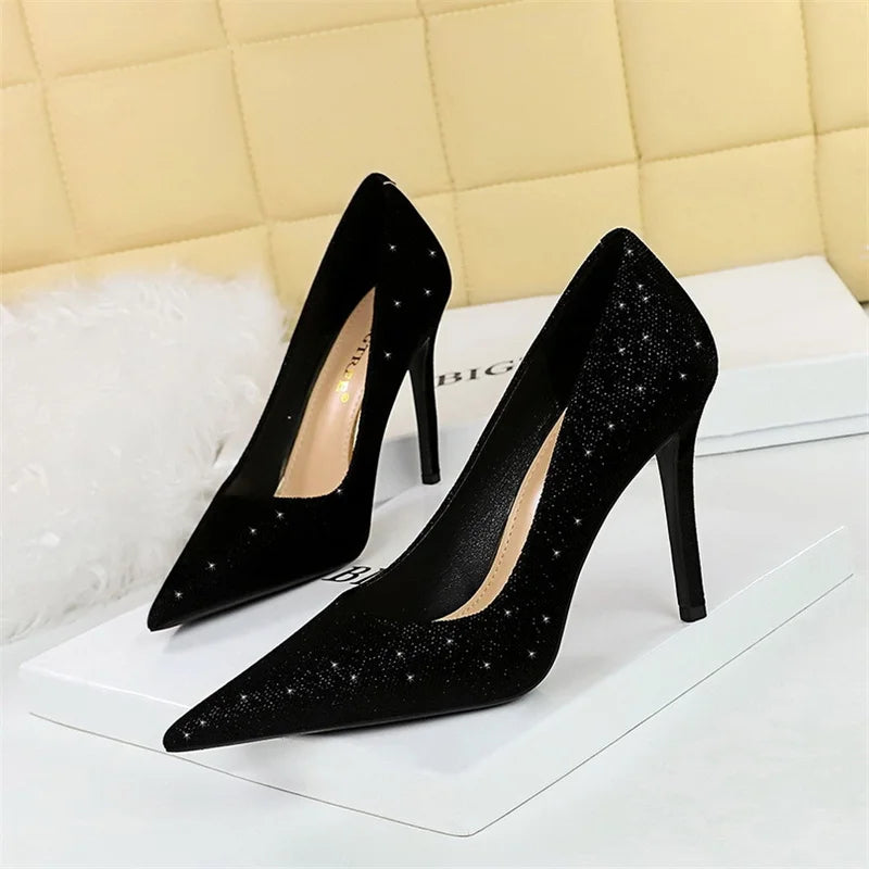 Versatile Style Bling Party Pumps Thin Super High Heel Shallow Mouth Pointed Toe Corduroy Wedding Single Shoes