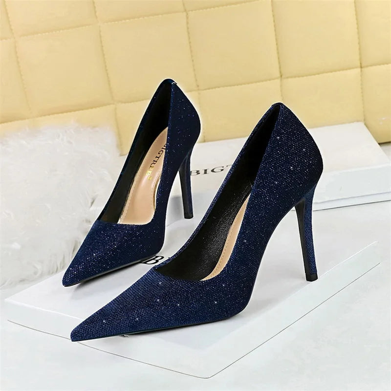 Versatile Style Bling Party Pumps Thin Super High Heel Shallow Mouth Pointed Toe Corduroy Wedding Single Shoes