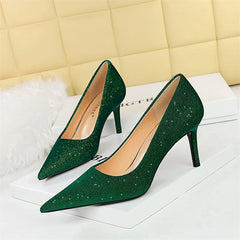 Versatile Style Bling Party Pumps Thin Super High Heel Shallow Mouth Pointed Toe Corduroy Wedding Single Shoes