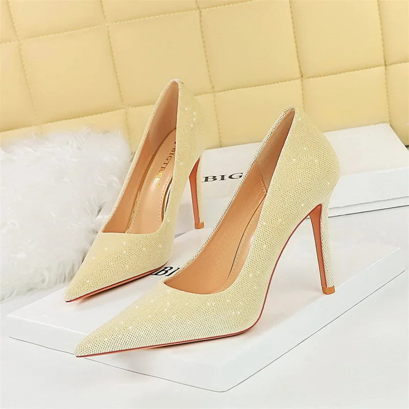 Versatile Style Bling Party Pumps Thin Super High Heel Shallow Mouth Pointed Toe Corduroy Wedding Single Shoes