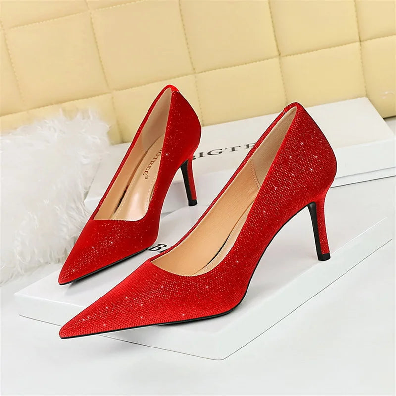 Versatile Style Bling Party Pumps Thin Super High Heel Shallow Mouth Pointed Toe Corduroy Wedding Single Shoes