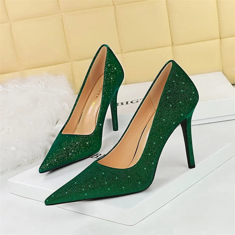 Versatile Style Bling Party Pumps Thin Super High Heel Shallow Mouth Pointed Toe Corduroy Wedding Single Shoes
