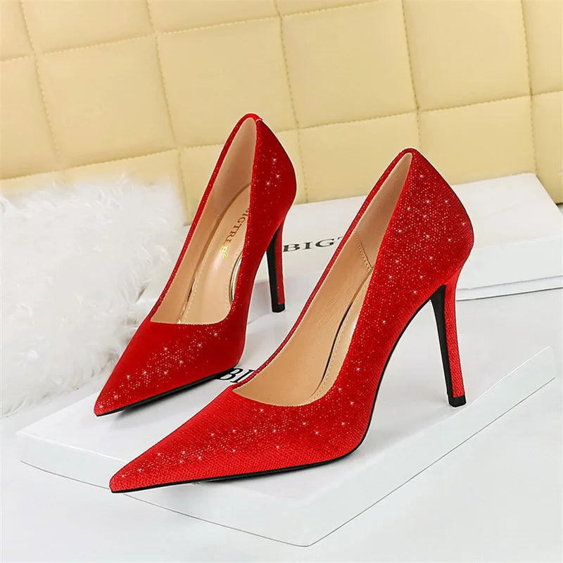 Versatile Style Bling Party Pumps Thin Super High Heel Shallow Mouth Pointed Toe Corduroy Wedding Single Shoes
