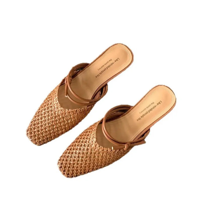 Vintage Woven 1 Slip-on Toe Half Slippers Outwear French Fairy Style Thick Heel Shoes