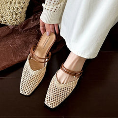Vintage Woven 1 Slip-on Toe Half Slippers Outwear French Fairy Style Thick Heel Shoes