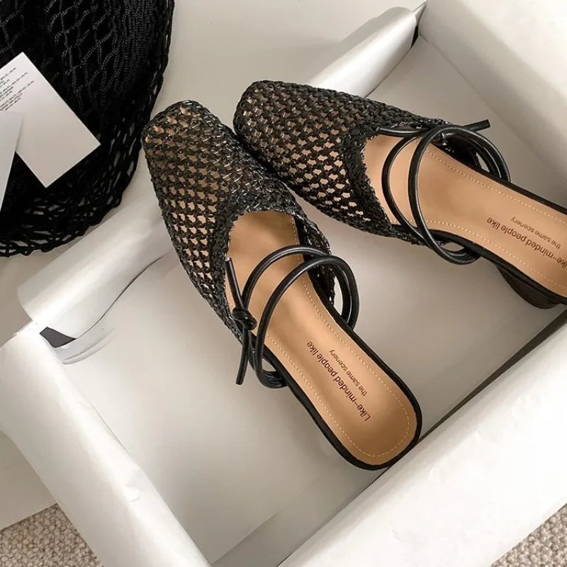 Vintage Woven 1 Slip-on Toe Half Slippers Outwear French Fairy Style Thick Heel Shoes