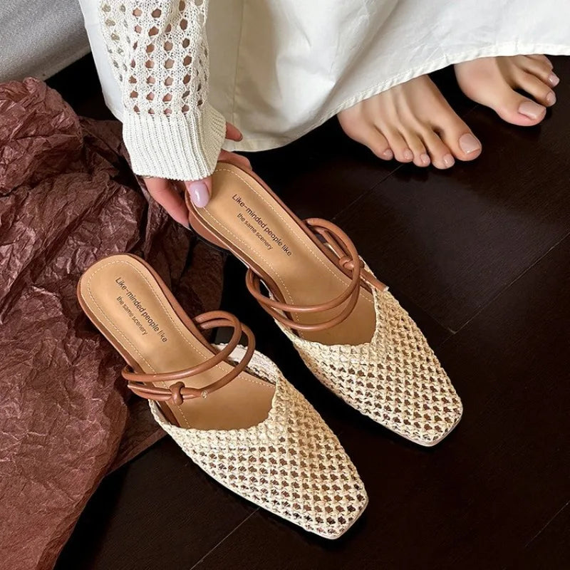 Vintage Woven 1 Slip-on Toe Half Slippers Outwear French Fairy Style Thick Heel Shoes