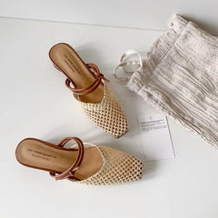 Vintage Woven 1 Slip-on Toe Half Slippers Outwear French Fairy Style Thick Heel Shoes