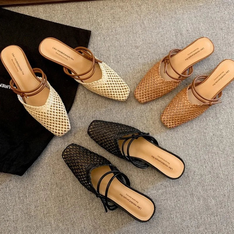 Vintage Woven 1 Slip-on Toe Half Slippers Outwear French Fairy Style Thick Heel Shoes
