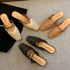 Vintage Woven 1 Slip-on Toe Half Slippers Outwear French Fairy Style Thick Heel Shoes