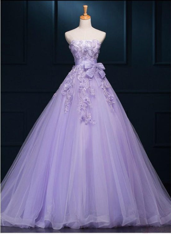 Light Purple Tulle Long Sweet 16 Dress with Bow