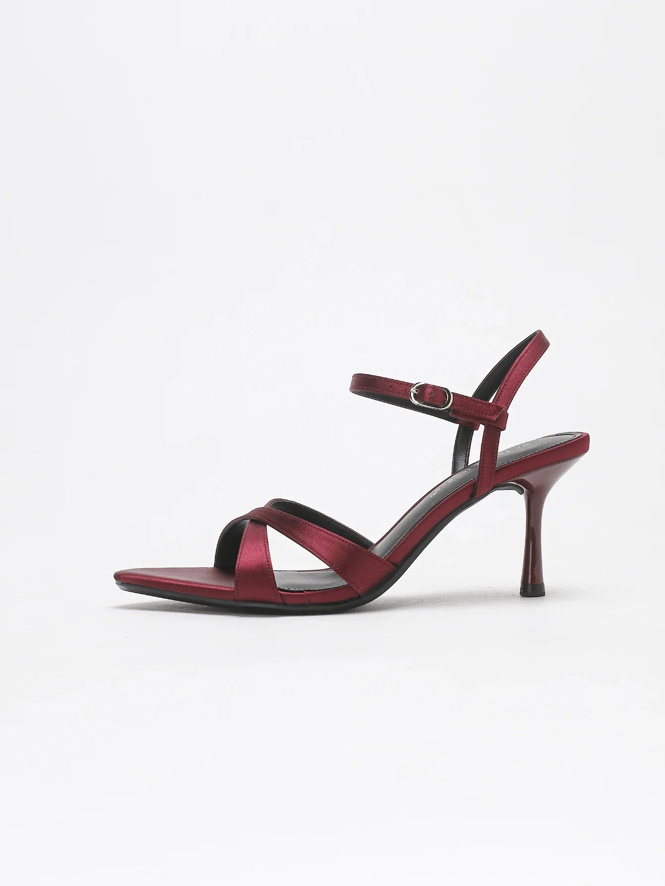 BURGUNDY SATIN HIGH HEEL SANDALS CRISS CROSS STRAP ANKLE BUCKLE STILETTO PARTY WEDDING SHOES