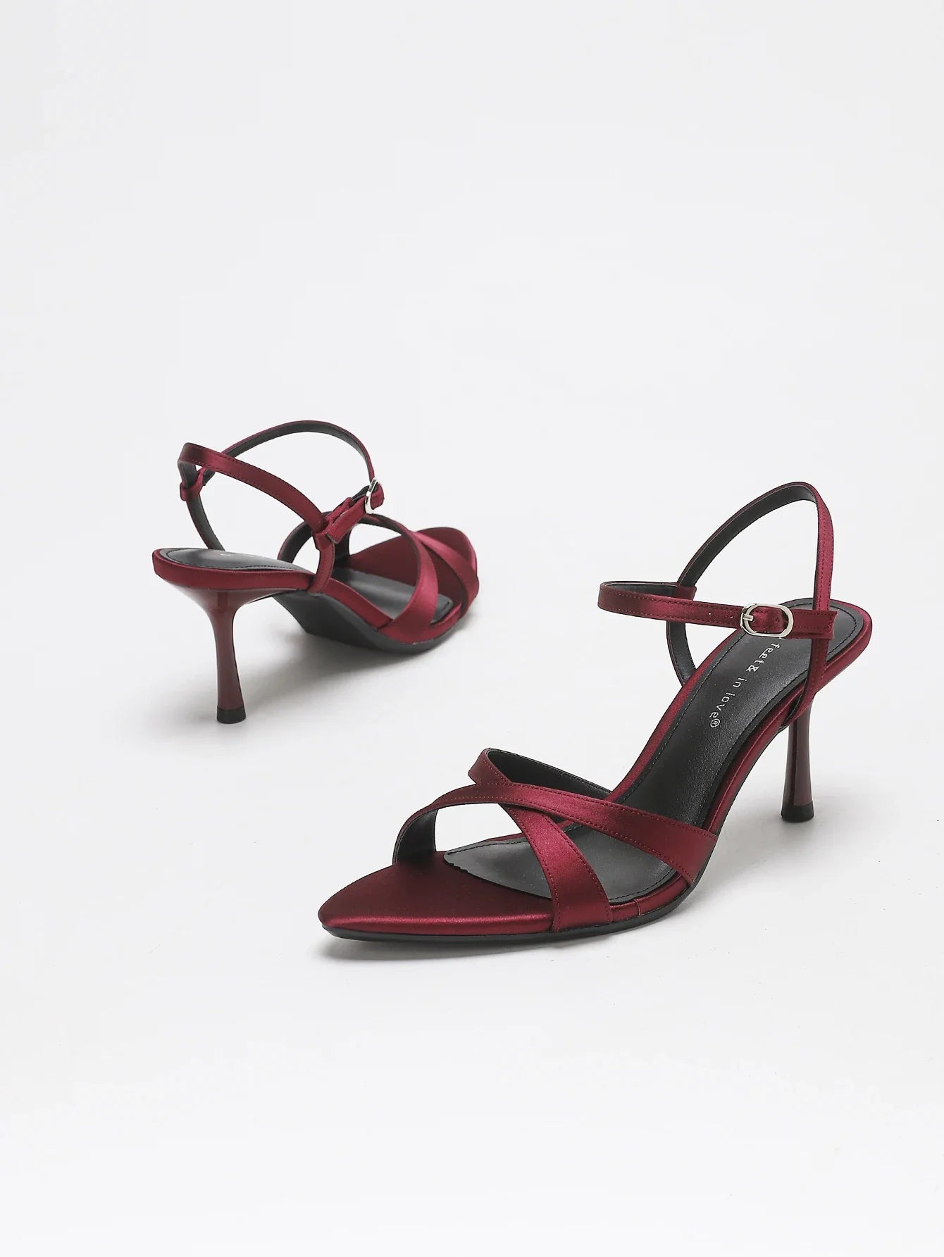 BURGUNDY SATIN HIGH HEEL SANDALS CRISS CROSS STRAP ANKLE BUCKLE STILETTO PARTY WEDDING SHOES