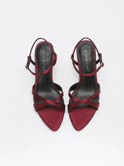 BURGUNDY SATIN HIGH HEEL SANDALS CRISS CROSS STRAP ANKLE BUCKLE STILETTO PARTY WEDDING SHOES