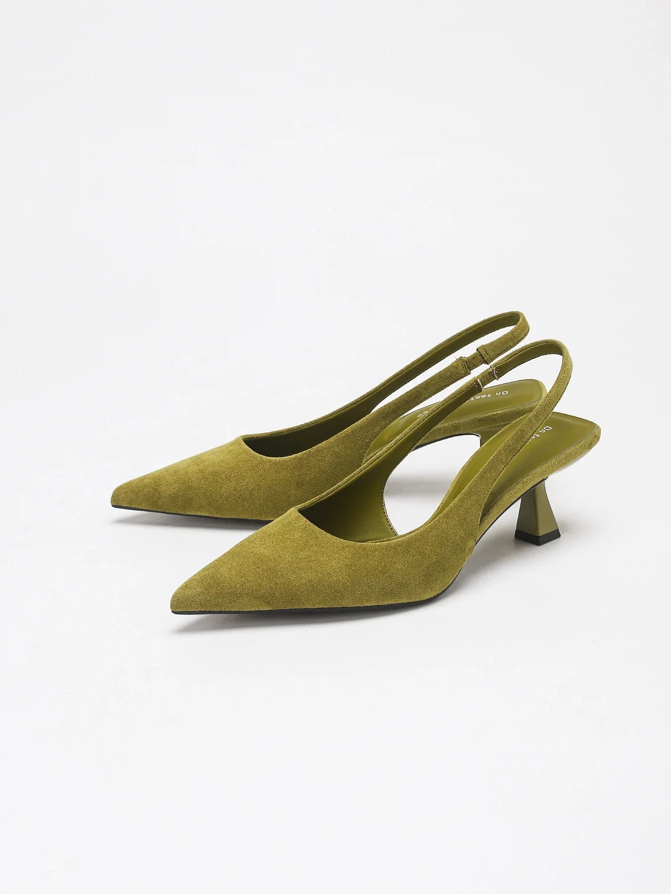 OLIVE GREEN FAUX SUEDE SLINGBACK KITTEN HEELS POINTED TOE LOW HEEL PUMPS ELEGANT DRESS PARTY OFFICE SHOES